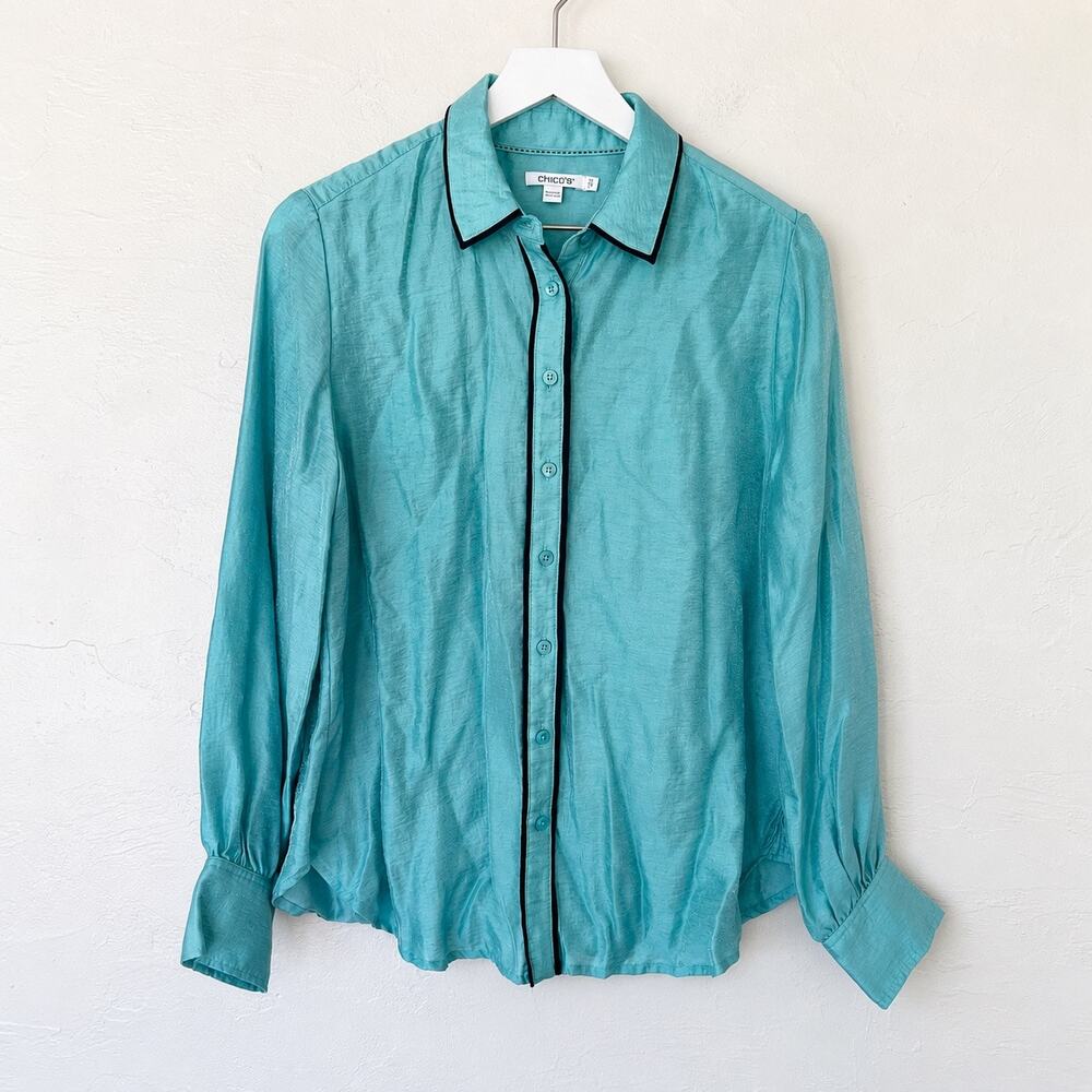 Chico’s Aquatic Teal Contrast Piping Dobby Shirt 1.5 Coastal Office Blouse